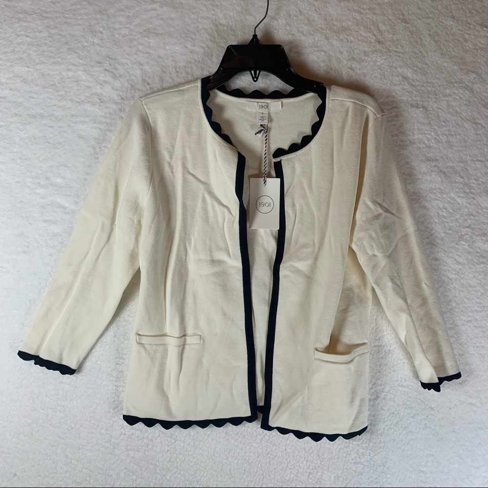 1901 women's‎ knit Ivory black Scallop Edge Open Front cardigan sweater size S